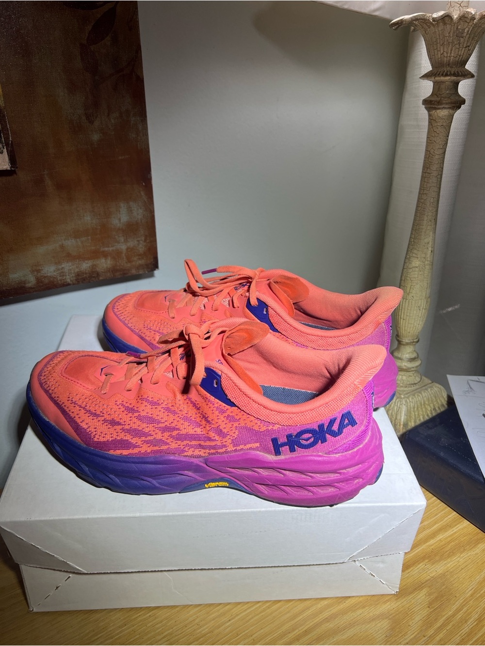 Hoka Women's Athletic Shoes Coral Pink and Purple Speed Goat 6